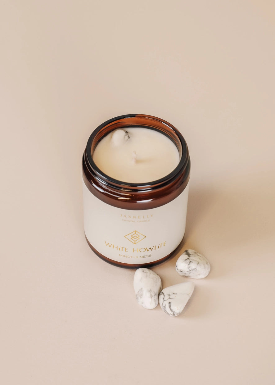 9oz Amber Crystal Candle - White Howlite - Mindfulness - Moon Room Shop and Wellness