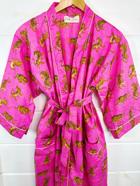 Women's Cotton Robe / Kimono -Tiger Print Bright Summer Pink - Moon Room Shop and Wellness