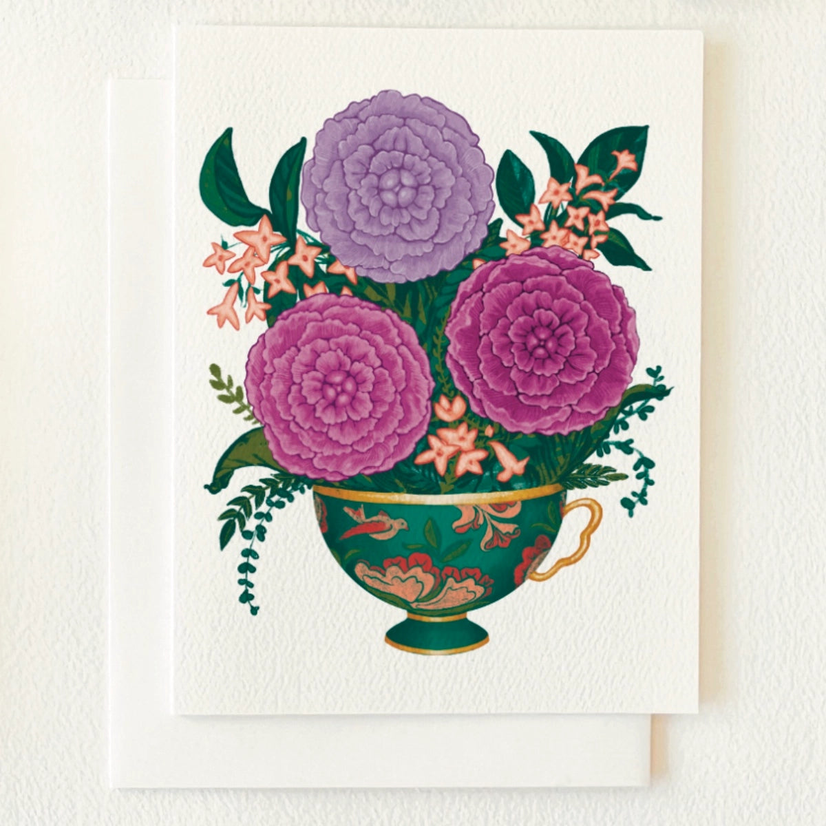 Chinoiserie Teacup Floral Bouquet Blank Greeting Card by Folk Meadow - Moon Room Shop and Wellness