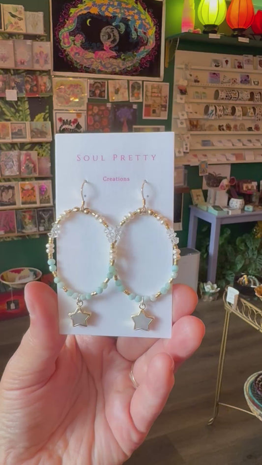 Soul Pretty Moonstone Star + Larimar + Pearl + Herkimer Handmade Gold Fill Earrings