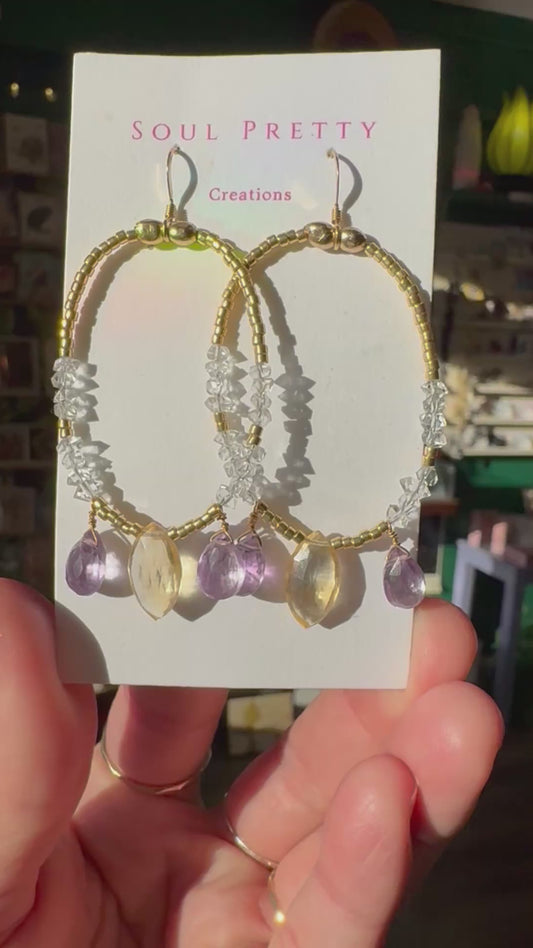 Soul Pretty Citrine + Amethyst + Herkimer Handmade Gold Fill Earrings