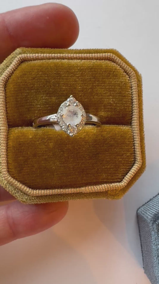Moonstone Sparkly Marquise Sterling SIlver Ring Size 8