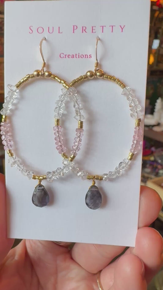 Soul Pretty iolite + pink tourmaline + quartz handmade gold fill earrings