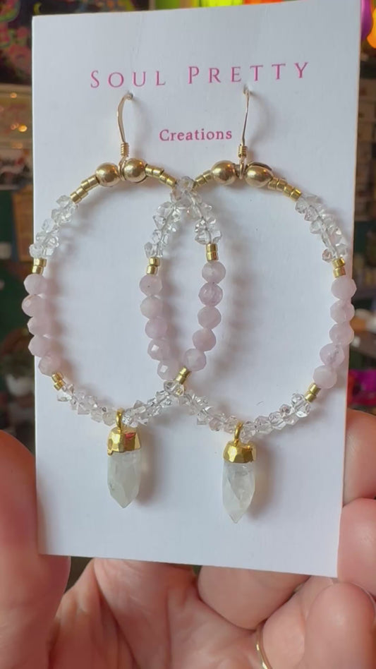 Soul Pretty moonstone + quartz + kunzite handmade gold fill earrings