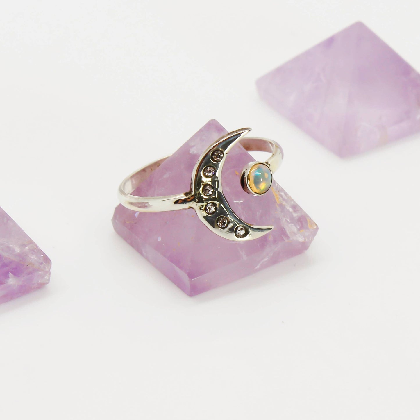 Moon Ring -Ethiopian Opal + crystal Rhinestone 925 Size 8 - Moon Room Shop and Wellness