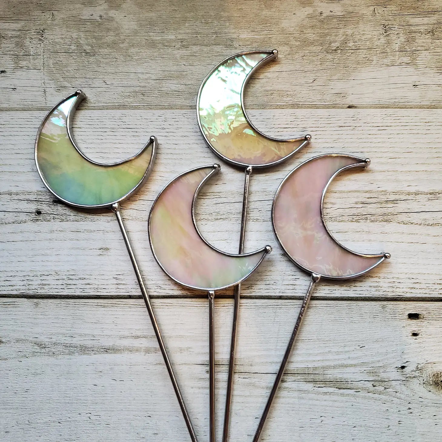 Stained Glass Moon Planter Stake- Iredescent- - Moon Room Shop and Wellness