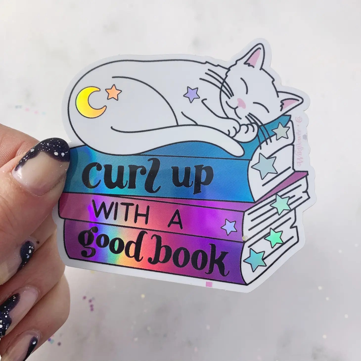 Curl Up with a Good Book Cat Sticker - Holographic - Moon Room Shop and Wellness