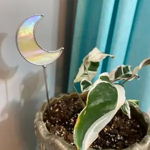 Stained Glass Moon Planter Stake- Iredescent- - Moon Room Shop and Wellness