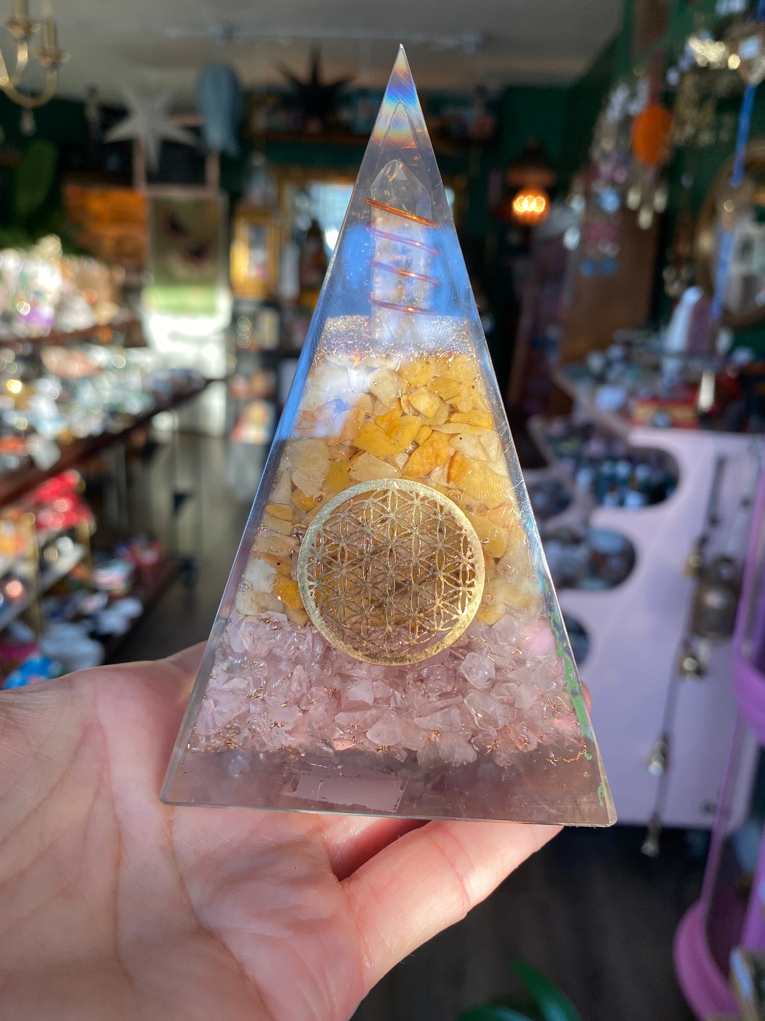 Orgone Pyramid w/ Rose Quartz, Yellow Aventurine- Flower of Life Symbol - Moon Room Shop and Wellness