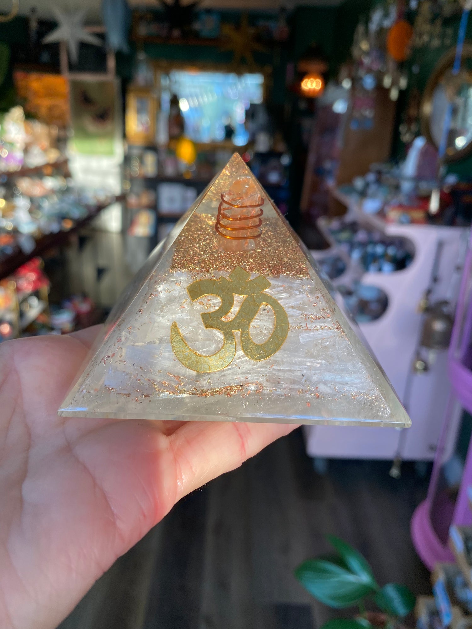 Orgone Pyramid w/ Selenite- OM Symbol - Moon Room Shop and Wellness
